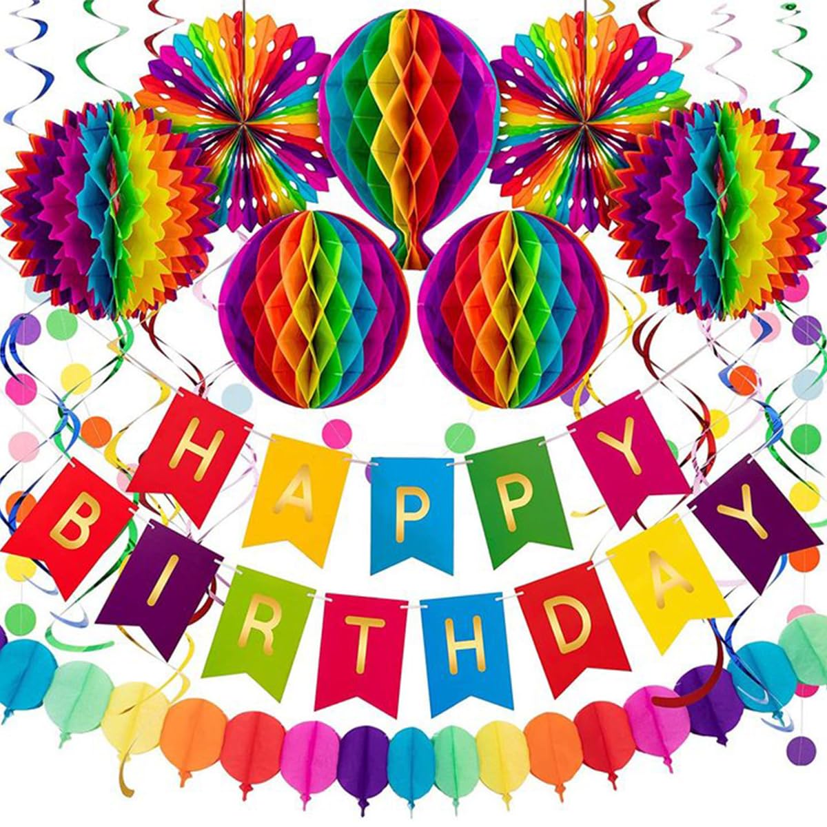 HASTHIP Colorful 20Pcs Party Decoration Set for Birthdays, Weddings, and Events, Reusable Supplies with Happy Birthday Banner, Bunting, and Honeycomb Decorations HASTHIP Colorful 20Pcs Party Decoration Set for Birthdays, Weddings, and Events, Reusable Supplies with Happy Birthday Banner, Bunting, and Honeycomb Decorations